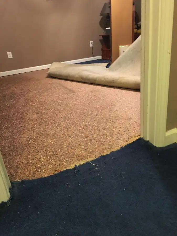 Carpet pad removal revealing water damage during Water Mitigation Services in Wappinger
